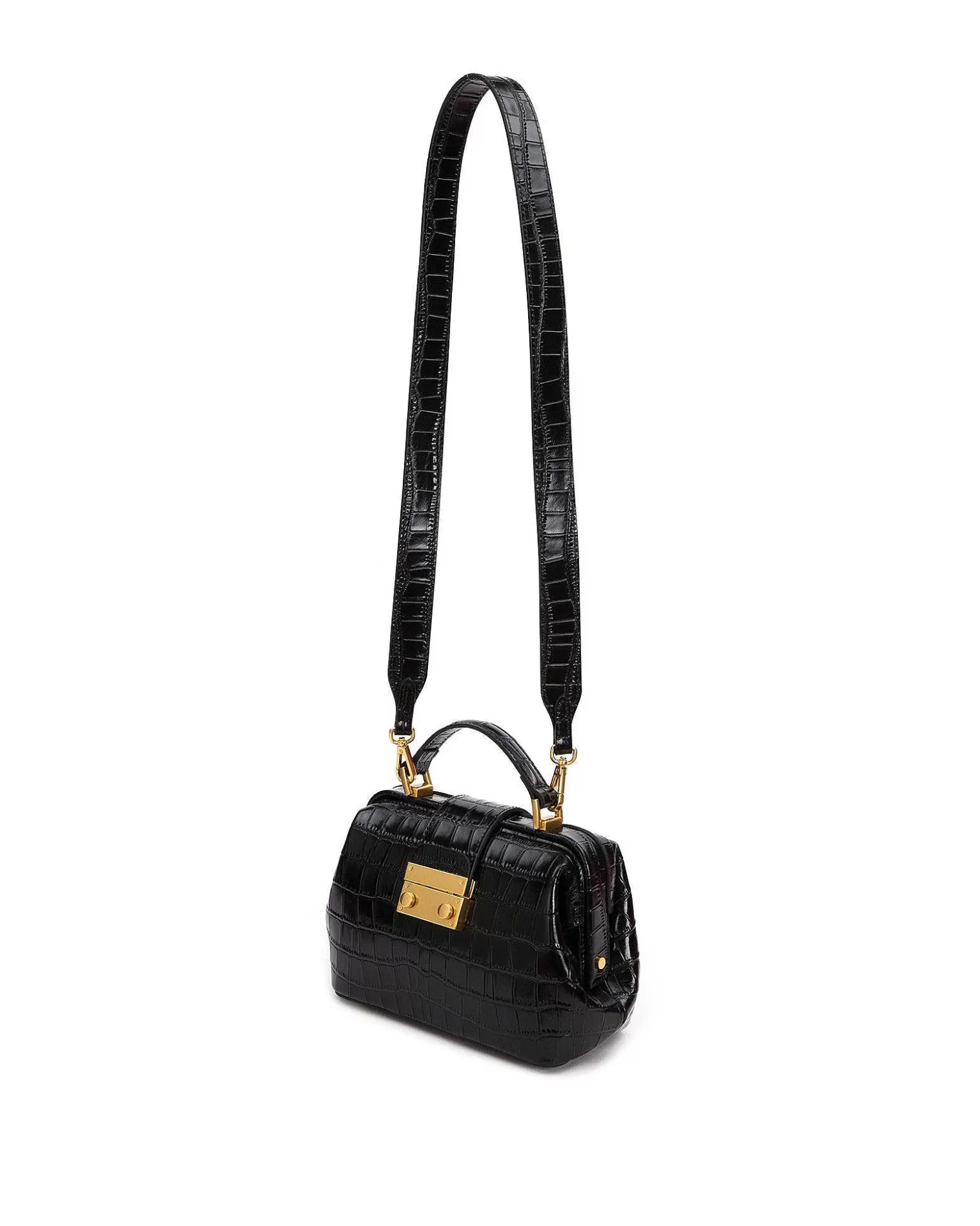 Top Handle Bags>Brandon Blackwood Elizabeth Doctor Bag Black Croc Embossed Leather W/Brass Hardware