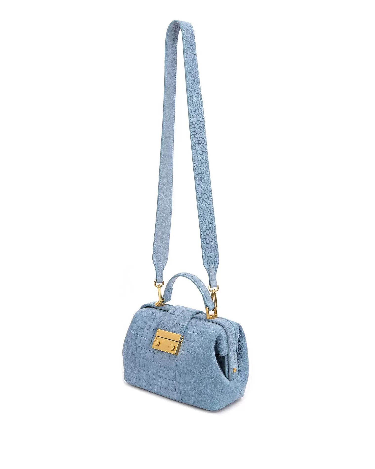 Top Handle Bags>Brandon Blackwood Elizabeth Doctor Bag Blue Croc Suede W/Brass Hardware