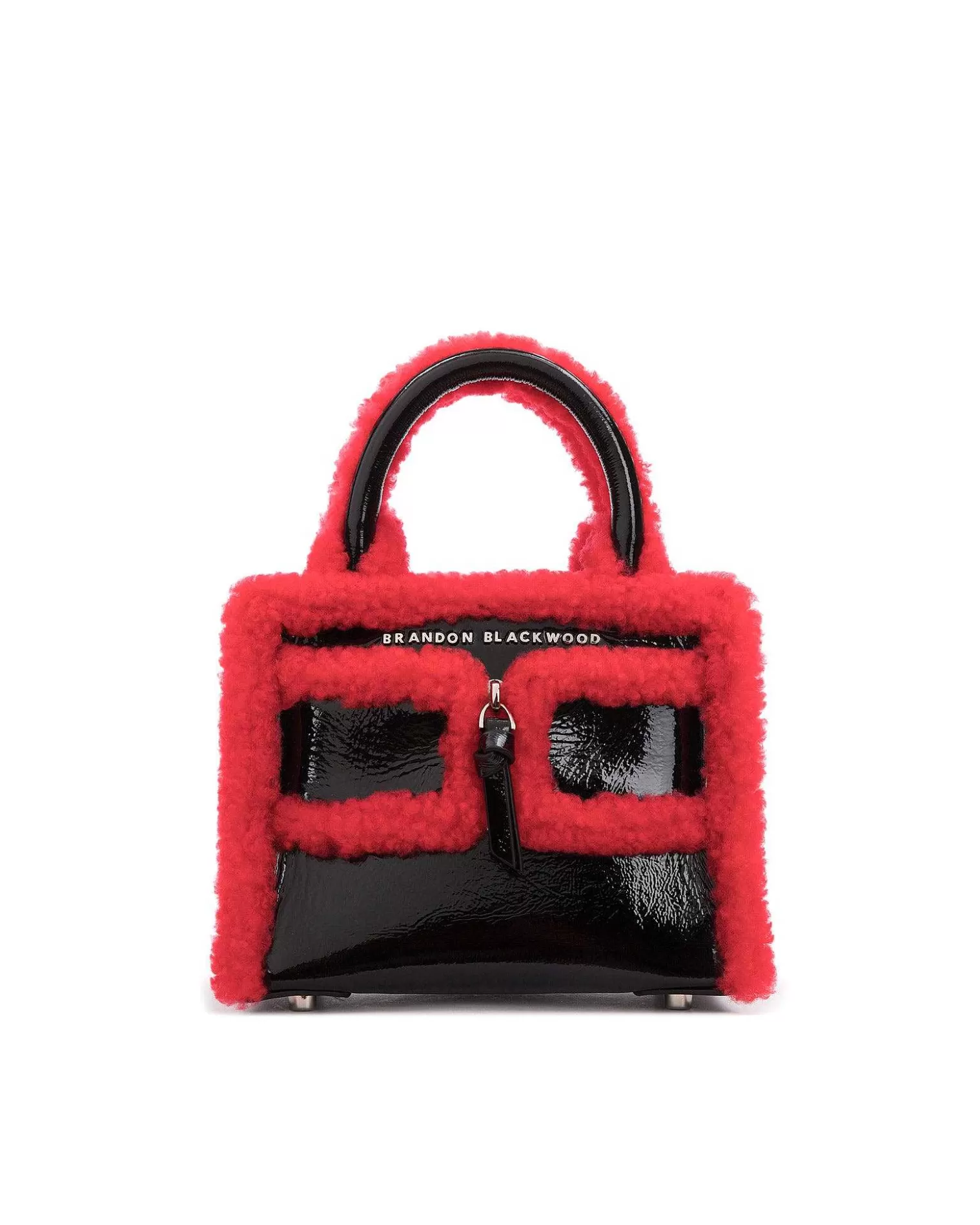 Top Handle Bags>Brandon Blackwood Kuei Bag Black Patent Leather W/Bright Red Shearling Trim