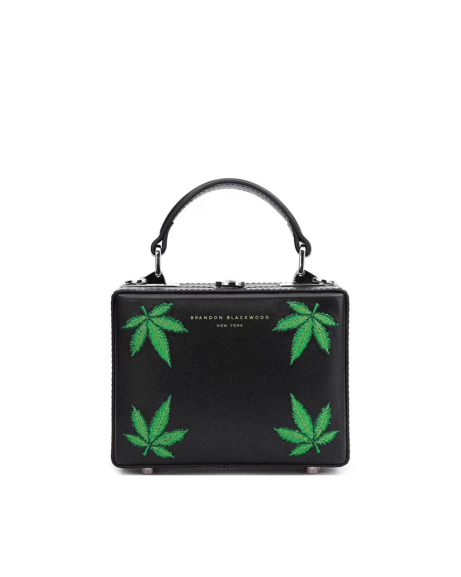 Crossbody Bags>Brandon Blackwood Mini Kendrick Trunk 420-Black Leather W/Green Embroidered Leaves