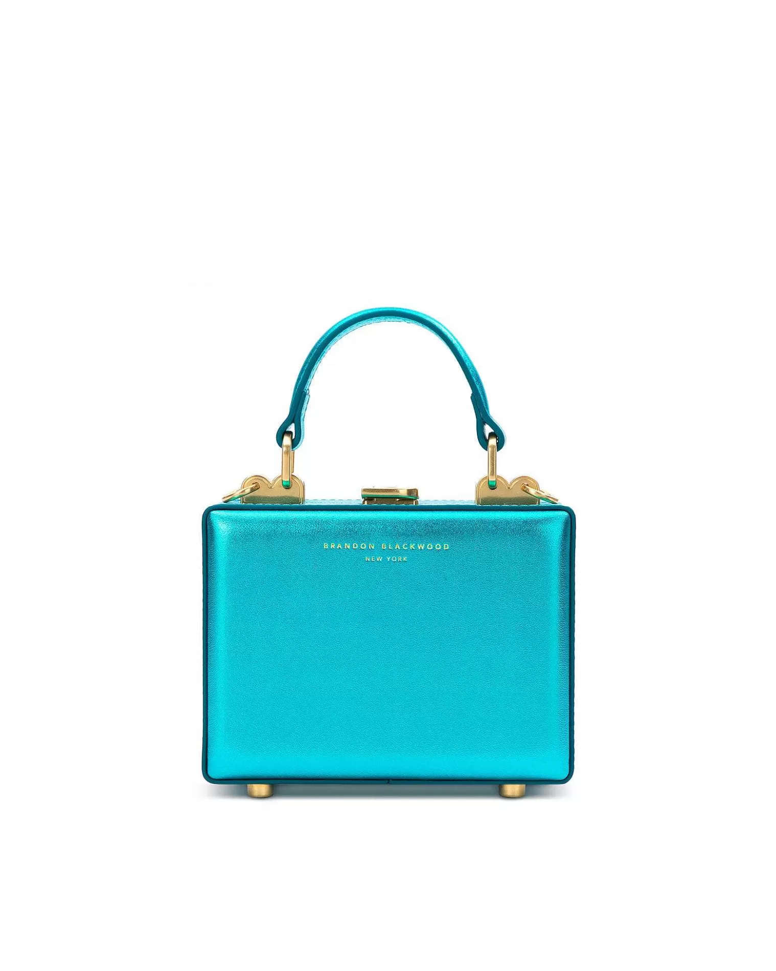 Crossbody Bags>Brandon Blackwood Mini Kendrick Trunk Metallic Blue Leather W/Brass Hardware