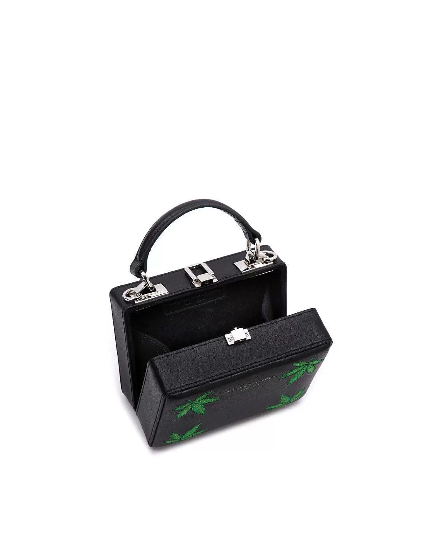 Crossbody Bags>Brandon Blackwood Mini Kendrick Trunk 420-Black Leather W/Green Embroidered Leaves