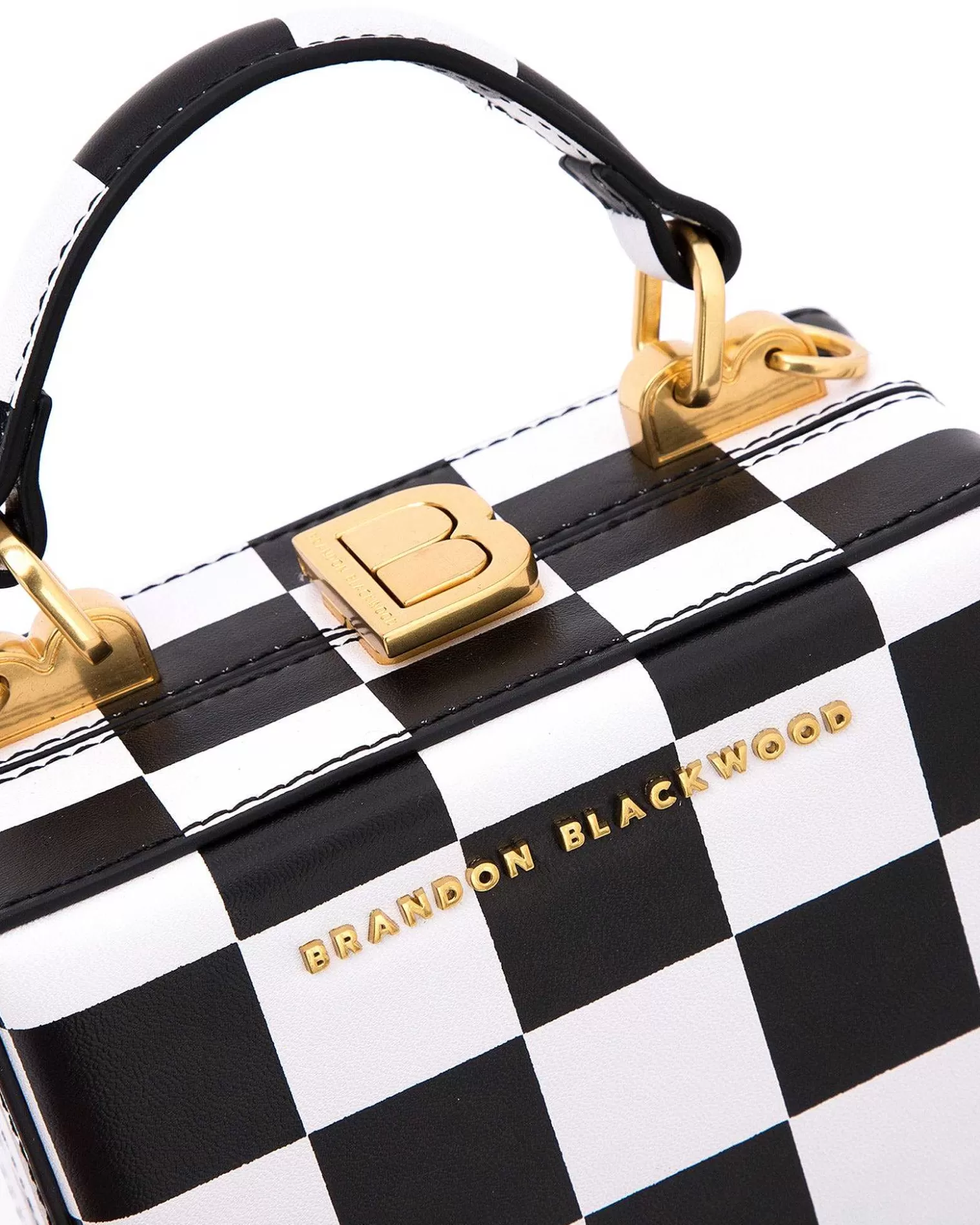 Top Handle Bags>Brandon Blackwood Mini Kendrick Trunk Black & White Checkerboard Leather